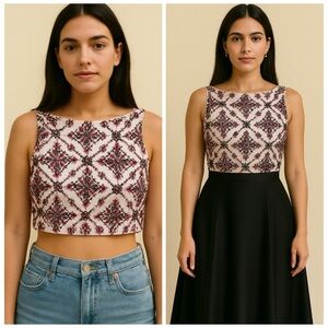 SHERRI HILL Beaded Embellished Sleeveless Crop Top White Pink Size 00 Formal